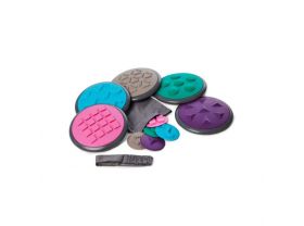 Disques tactiles, sac en tissu et bandeau composant le set n°2 Gonge®