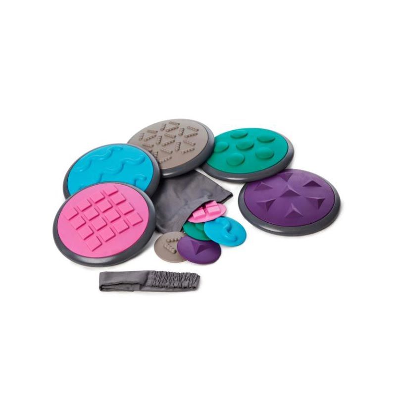 Disques tactiles, sac en tissu et bandeau composant le set n°2 Gonge® Disques tactiles, sac en tissu et bandeau composant le set n°2 Gonge®