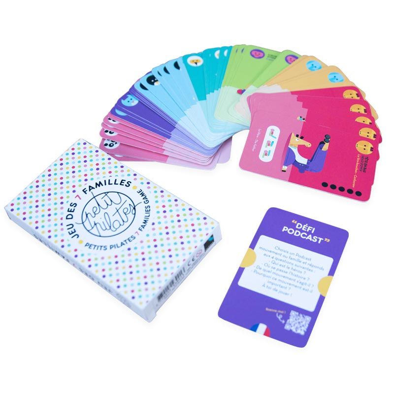 Jeu de 7 familles de mouvements Petit Pilates© packaging et cartes