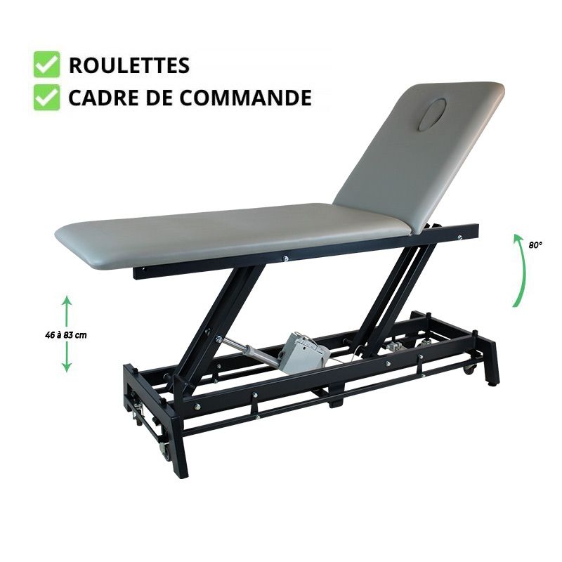 Table de massage DESIGN KINEXO GLÉNAN 2 plans châssis gris foncé Cendre roulette et cadre de commande