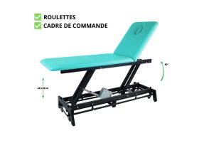 Table de massage DESIGN KINEXO GLÉNAN 2 plans châssis gris foncé turquoise roulettes et cadre de commande