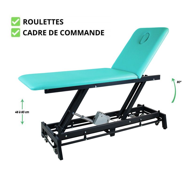 Table de massage DESIGN KINEXO GLÉNAN 2 plans châssis gris foncé turquoise roulettes et cadre de commande