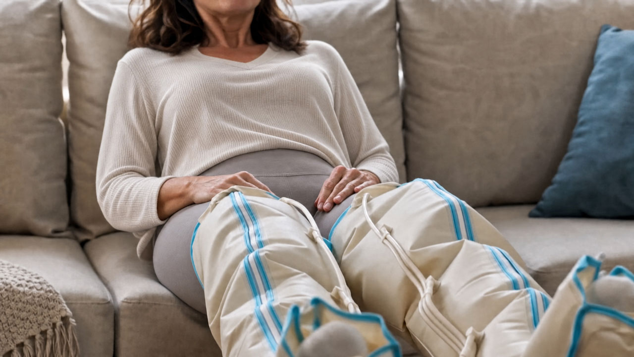 Femme utilisant les bottes de drainage lymphatique sur un canapé