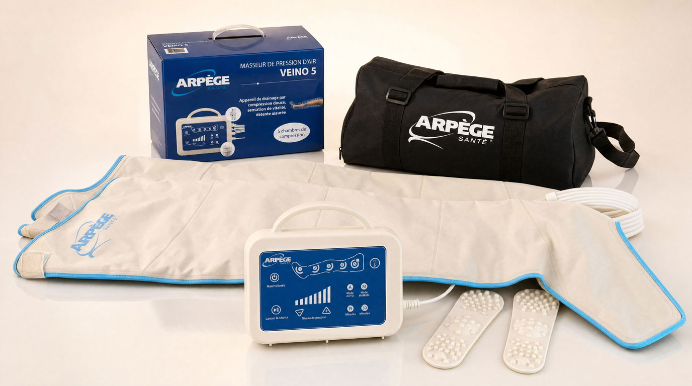 Contenu complet et assortiment du masseur de pression d'air Veino 5 dans son emballage